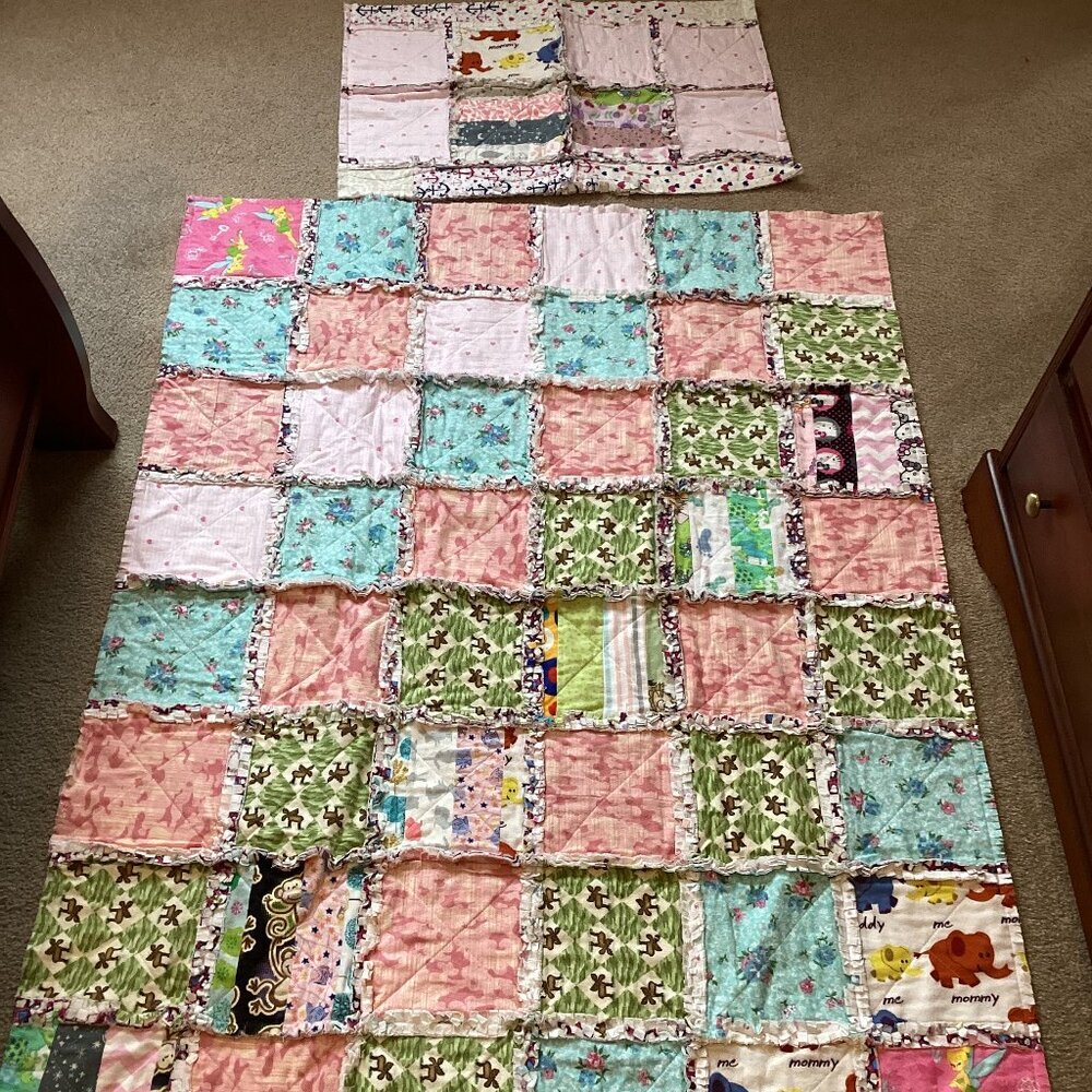 Handmade Rag Quilt + Matching Pillow Case 53” X  41” Small Twin Bedding